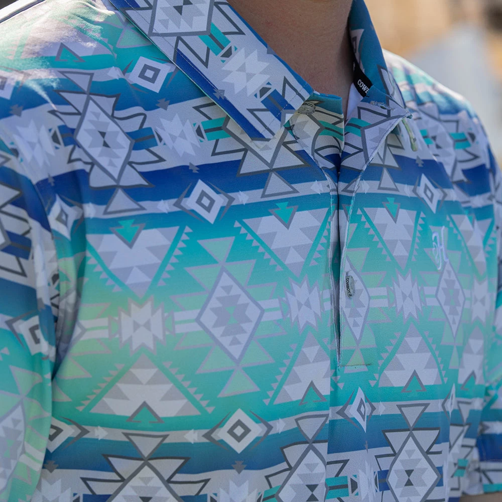 HOOey "The Weekender" Teal/Blue W/ Grey Aztec Pattern Polo - Image 3