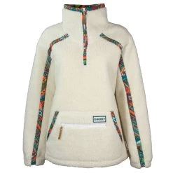 HOOey "Ladies Sherpa Pullover" Cream W/Multi Color Aztec Pattern Accents