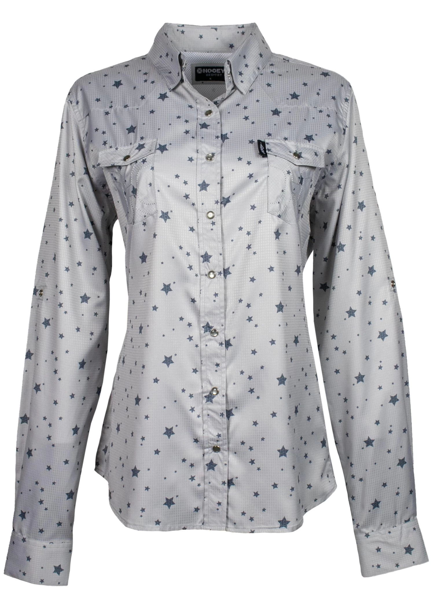 HOOey "Sol" Ladies Grey Stars Long Sleeve Pearl Snap Shirt