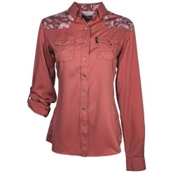 HOOey "Sol" Ladies Marsala W/Floral Pattern Detailing Long Sleeve Pearl Snap Shirt