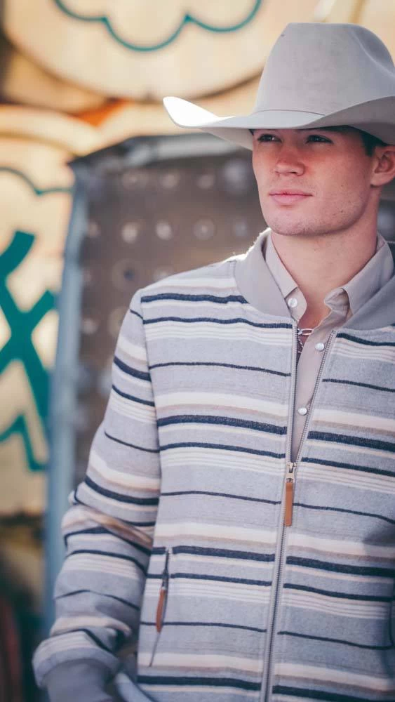 "Ozona" Hooey Bomber Jacket Grey/Stripe Pattern - Image 5