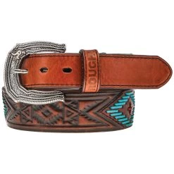 HOOey "Choctaw" Roughy Tooled W/lacing Belt Brown/Turquoise/Red W/Aztec
